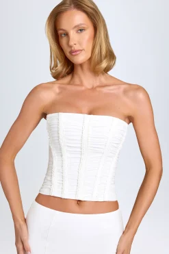 Oh Polly Tops^Ruched Lace-Up Corset Top in White
