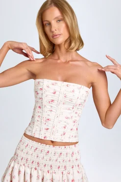 Oh Polly Tops^Ruched Lace-Up Corset Top in Small Rose Print SmallRosePrint