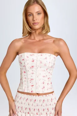 Oh Polly Tops^Ruched Lace-Up Corset Top in Small Rose Print SmallRosePrint