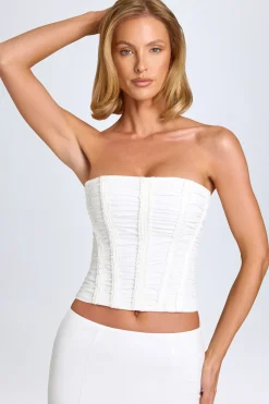 Oh Polly Tops^Ruched Lace-Up Corset Top in White