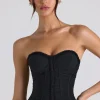Oh Polly Co-Ords | Tops^Ruched Lace-Up Strapless Corset Top in Black