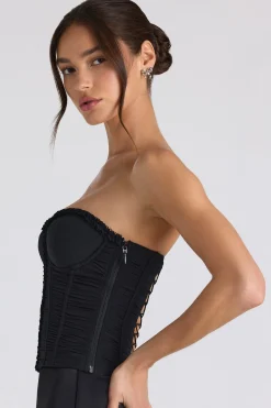 Oh Polly Co-Ords | Tops^Ruched Lace-Up Strapless Corset Top in Black