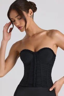 Oh Polly Co-Ords | Tops^Ruched Lace-Up Strapless Corset Top in Black