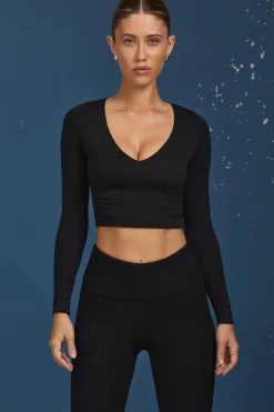 Oh Polly Knitwear | Tops^Ruched Long-Sleeve Crop Top in Black
