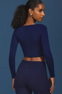 Oh Polly Knitwear | Tops^Ruched Long-Sleeve Crop Top in Navy