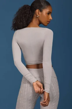 Oh Polly Knitwear | Tops^Ruched Long-Sleeve Crop Top in Grey
