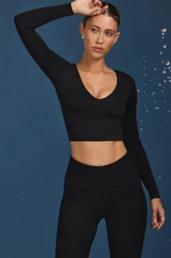 Oh Polly Knitwear | Tops^Ruched Long-Sleeve Crop Top in Black