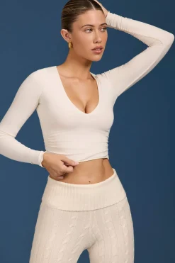 Oh Polly Knitwear | Tops^Ruched Long-Sleeve Crop Top in Cream