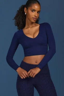Oh Polly Knitwear | Tops^Ruched Long-Sleeve Crop Top in Navy