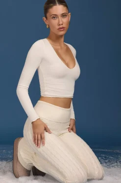 Oh Polly Knitwear | Tops^Ruched Long-Sleeve Crop Top in Cream
