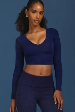 Oh Polly Knitwear | Tops^Ruched Long-Sleeve Crop Top in Navy
