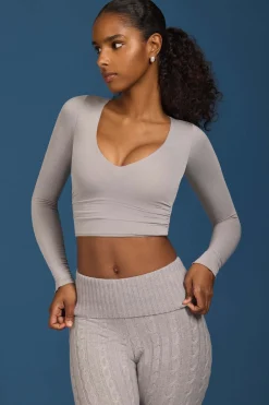 Oh Polly Knitwear | Tops^Ruched Long-Sleeve Crop Top in Grey