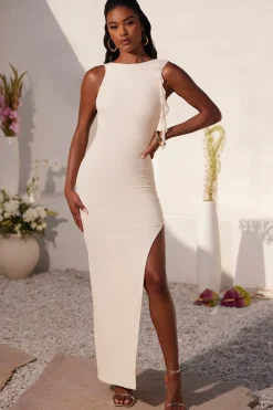 Oh Polly Bride To Be | Mesh Dresses^Ruched Open Back Ruffle Evening Gown in Ivory