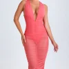 Oh Polly Night Out | Mesh Dresses^Ruched Plunge Midaxi Dress in Coral