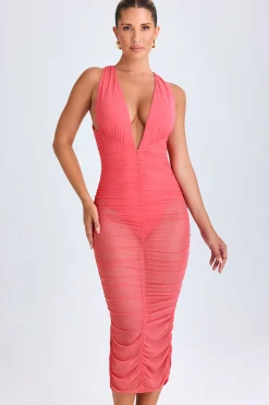 Oh Polly Night Out | Mesh Dresses^Ruched Plunge Midaxi Dress in Coral