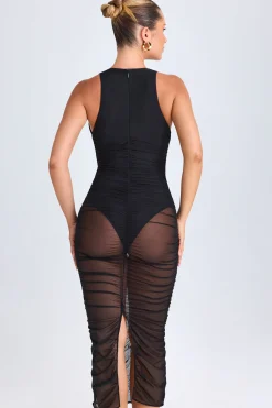 Oh Polly Night Out | Mesh Dresses^Ruched Plunge Midaxi Dress in Black