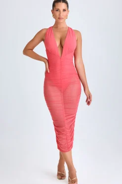 Oh Polly Night Out | Mesh Dresses^Ruched Plunge Midaxi Dress in Coral