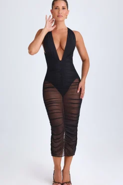 Oh Polly Night Out | Mesh Dresses^Ruched Plunge Midaxi Dress in Black