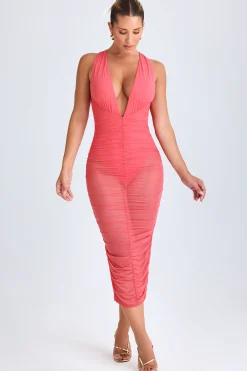 Oh Polly Night Out | Mesh Dresses^Ruched Plunge Midaxi Dress in Coral