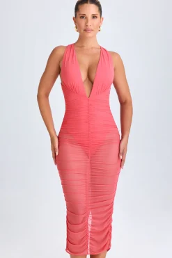 Oh Polly Night Out | Mesh Dresses^Ruched Plunge Midaxi Dress in Coral