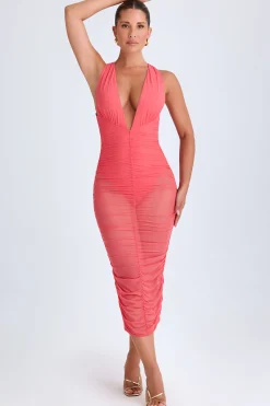 Oh Polly Night Out | Mesh Dresses^Ruched Plunge Midaxi Dress in Coral