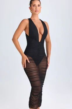 Oh Polly Night Out | Mesh Dresses^Ruched Plunge Midaxi Dress in Black