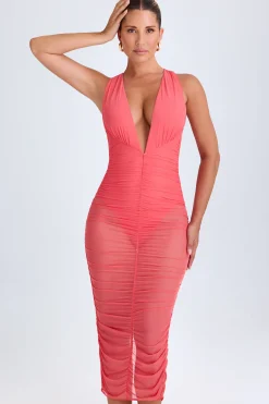 Oh Polly Night Out | Mesh Dresses^Ruched Plunge Midaxi Dress in Coral