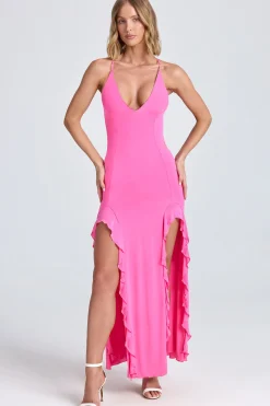 Oh Polly Wedding Guest^Ruched Ruffle-Trim Maxi Dress in Lollipop Pink LollipopPink