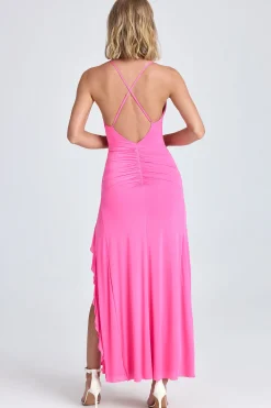 Oh Polly Wedding Guest^Ruched Ruffle-Trim Maxi Dress in Lollipop Pink LollipopPink