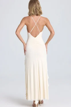 Oh Polly Bride To Be^Ruched Ruffle-Trim Maxi Dress in Ivory