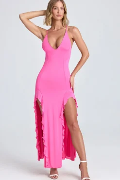 Oh Polly Wedding Guest^Ruched Ruffle-Trim Maxi Dress in Lollipop Pink LollipopPink