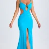 Oh Polly Mesh Dresses^Ruffle-Appliqué Cut-Out Maxi Dress in Aqua Blue AquaBlue