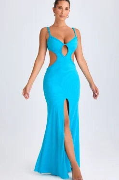 Oh Polly Mesh Dresses^Ruffle-Appliqué Cut-Out Maxi Dress in Aqua Blue AquaBlue