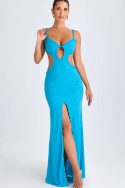 Oh Polly Mesh Dresses^Ruffle-Appliqué Cut-Out Maxi Dress in Aqua Blue AquaBlue