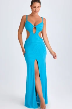 Oh Polly Mesh Dresses^Ruffle-Appliqué Cut-Out Maxi Dress in Aqua Blue AquaBlue