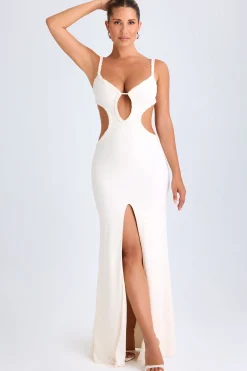 Oh Polly Mesh Dresses^Ruffle-Appliqué Cut-Out Maxi Dress in White