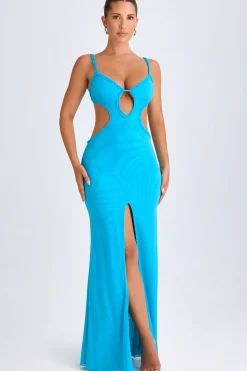 Oh Polly Mesh Dresses^Ruffle-Appliqué Cut-Out Maxi Dress in Aqua Blue AquaBlue