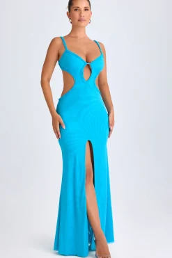 Oh Polly Mesh Dresses^Ruffle-Appliqué Cut-Out Maxi Dress in Aqua Blue AquaBlue