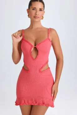 Oh Polly Mesh Dresses^Ruffle-Appliqué Cut-Out Mini Dress in Coral