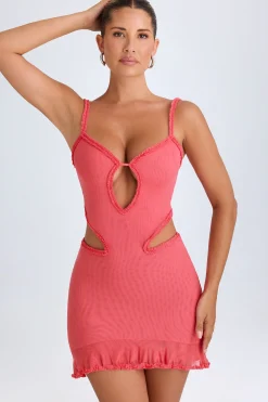 Oh Polly Mesh Dresses^Ruffle-Appliqué Cut-Out Mini Dress in Coral