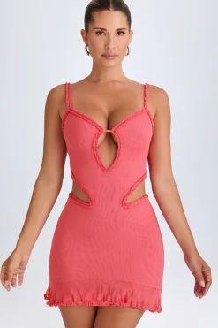 Oh Polly Mesh Dresses^Ruffle-Appliqué Cut-Out Mini Dress in Coral