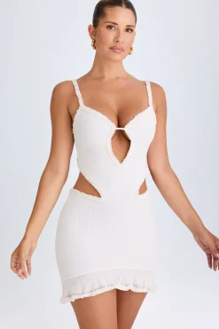 Oh Polly Mesh Dresses^Ruffle-Appliqué Cut-Out Mini Dress in White