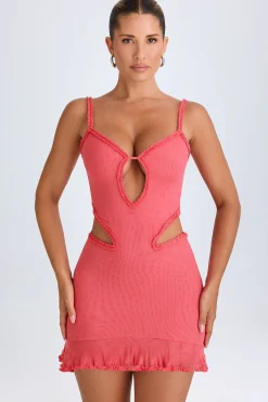 Oh Polly Mesh Dresses^Ruffle-Appliqué Cut-Out Mini Dress in Coral