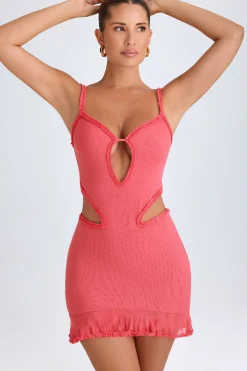 Oh Polly Mesh Dresses^Ruffle-Appliqué Cut-Out Mini Dress in Coral