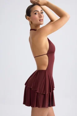 Oh Polly Night Out^Ruffled Cut-Out Halterneck Mini Dress in Chestnut Brown ChestnutBrown
