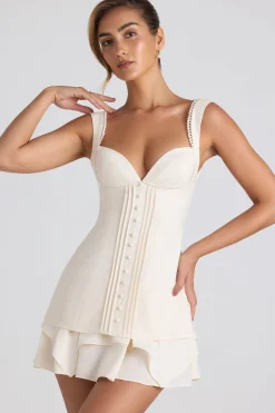 Oh Polly Georgette And Chiffon^Ruffle-Trim Button-Detail Corset Mini Dress in Ivory