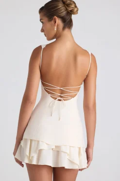 Oh Polly Georgette And Chiffon^Ruffle-Trim Button-Detail Corset Mini Dress in Ivory