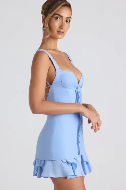 Oh Polly Georgette And Chiffon^Ruffle-Trim Button-Detail Corset Mini Dress in Sky Blue SkyBlue