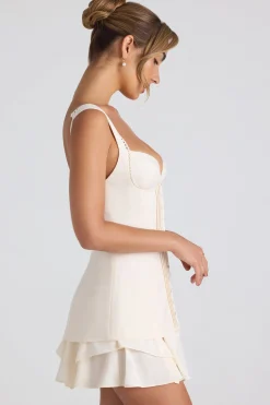 Oh Polly Georgette And Chiffon^Ruffle-Trim Button-Detail Corset Mini Dress in Ivory