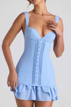Oh Polly Georgette And Chiffon^Ruffle-Trim Button-Detail Corset Mini Dress in Sky Blue SkyBlue